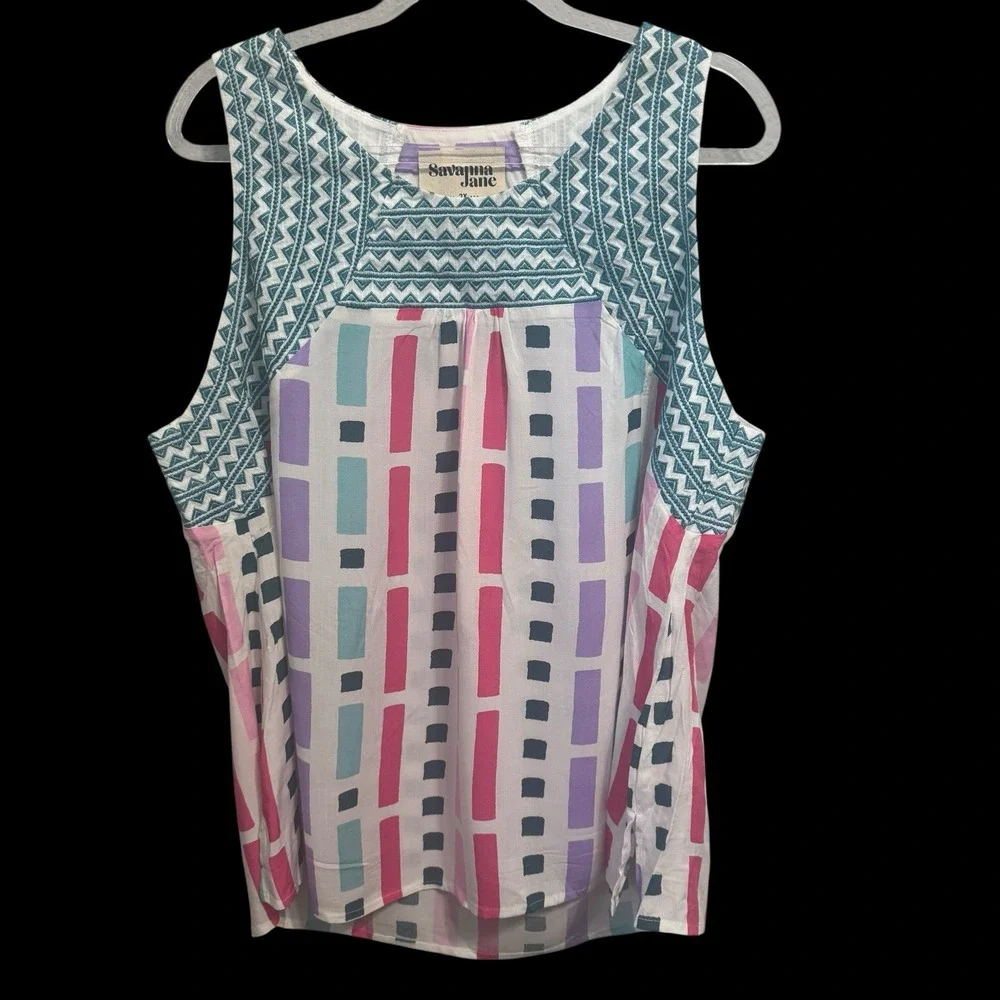 SAVANNA JANE Size 2X Sleeveless Top Blouse Embroidered Geometric Print NWT - Picture 1 of 5
